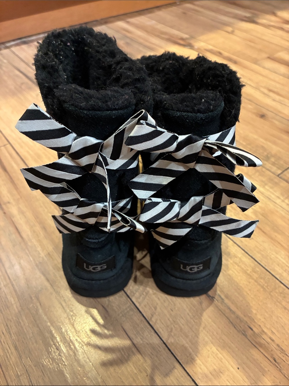 UGG Black Boots with Black-and-White Striped Bows
